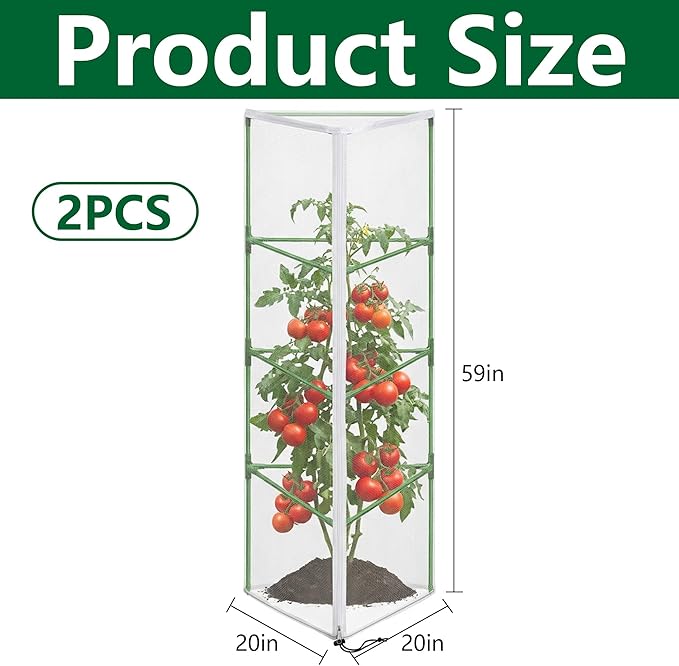 2 Pcs Garden Bird Netting for Triangle Plant Cage, 59" x 20" x 20" Tomato Cage Garden Net Cover with Zipper, Tomato Trellis Insect Bird Barrier Protection Mesh for Vertical Climbing Plant Vegetable