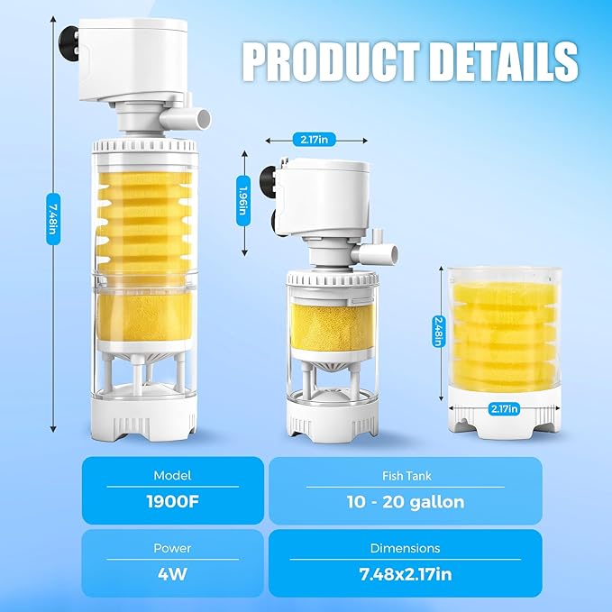 Fish Tank Filters for 10-20 Gallon Tank, 4-in-1 Aquarium Filter with Multi-Layer Filtration, Adjustable Oxygenation & Wavemaker, Impurity Separation