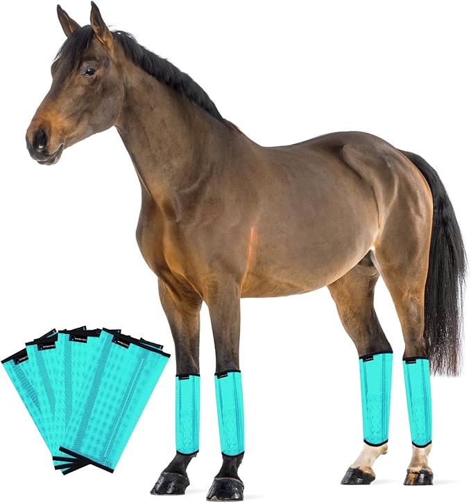 FOXLVDA Horse Fly Boots - Fly Boots for Horses Set of 4, Comfortable Horse Leggings, Mesh Material Design with Metal Support Bars for Reduces Stomping & Leg Fatigue (Green, Medium)