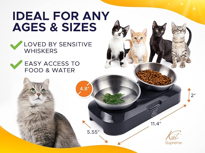 Cat Food Bowl - KATSUPREME Cat Bowls for Indoor Cats | Set of 2 Stainless Steel Bowl, Tilted Bowls Elevated Anti Vomiting, Non-Slip Base, Ant Proof Food & Water.