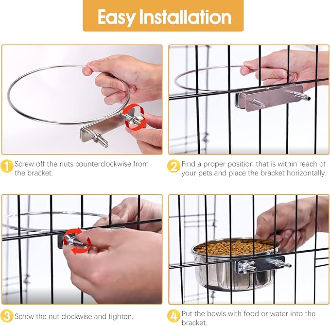 3 Pcs Large Pet Dog Food Water Bowl for Cage Stainless Steel Kennel Hanging Cats Pets Bowls with Clamp Holder Crate Feeder Dish for Medium Large Dogs (7.1x3.5'' & 6.3x2.6'' & 5.5x3.1'')