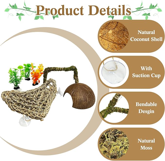 6 PCS Hermit Crab Accessories Set Small Bendable Moss Hermit Crab Climbing Toys Coconut Shell Hut Climbing Hammock with Suction Cup Plastic Plants for Reptile Amphibian