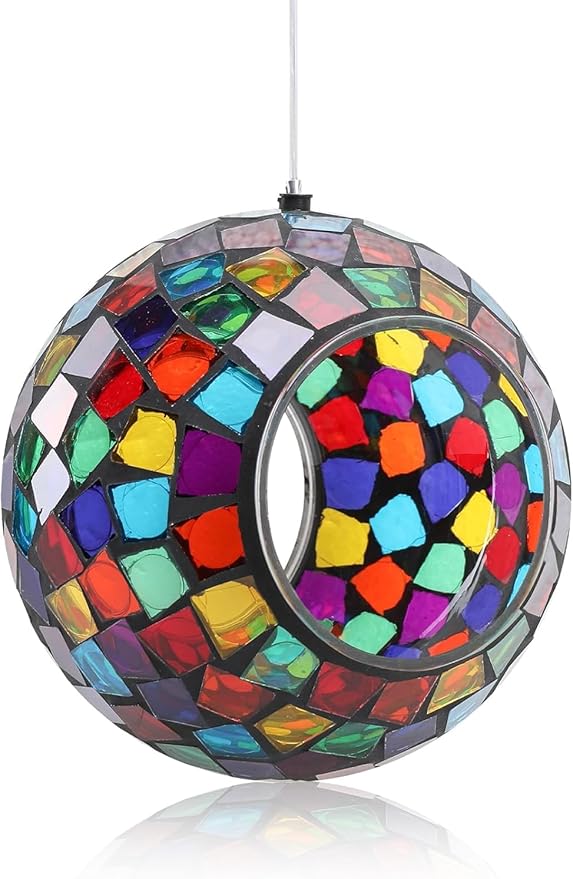 Yinns Mosaic Bird Feeder, Hanging Glass Birds Feeder, Fly Through Bird Feeder with Oval Stained Glass, Outdoor Garden Decor, 6.5 inch Purple