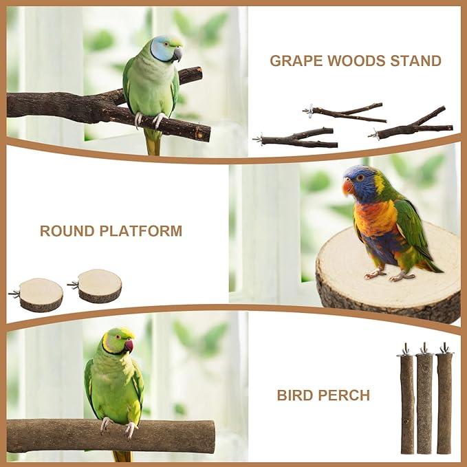 8PCS Bird Perch Natural Wooden Parrot Parakeet Toy Stand Branches Bird Cage Accessories Fork Toys Hanging Multi-Branch Perches Platform Hammock Swing Toy for Parakeets Cockatiel Conure