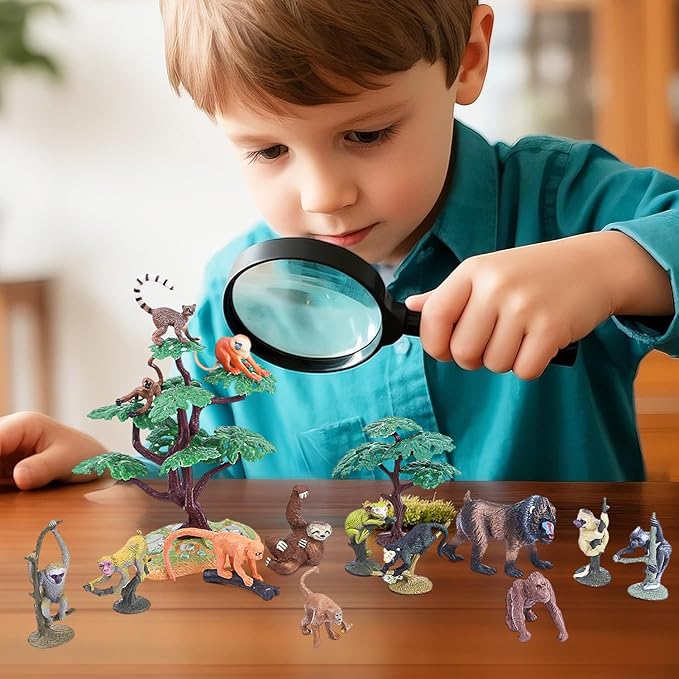 16Pcs Monkey Animal Figures Set, Assorted Wild Primate Toys with Sloth, Mandrill, Ring-Tailed Lemur Gorilla and Trees for Kids Educational Birthday Cake Decoration Party Favor School Projects