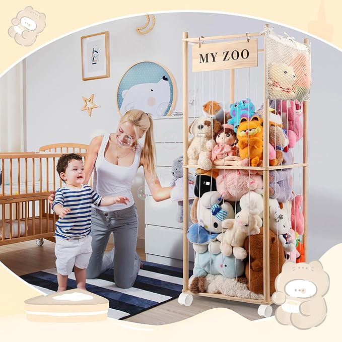 Stuffed Animal Storage Zoo with Wheels, Wooden Stuffed Animal Organizer with Elastic Cords, Space Saving Toy Plushies Storage Holder for Playroom, Bedroom, Living Room(Burlywood, Large)