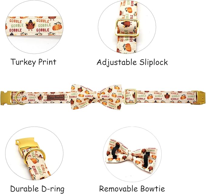 Adjustable Dog Collar for Small Dogs - Thanksgiving Turkey Pet Collar with Bow