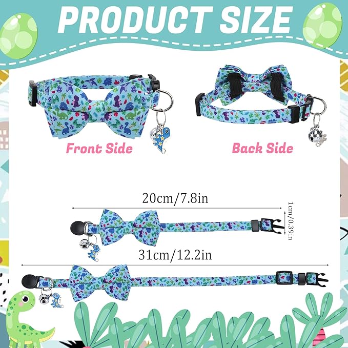 4 Pcs Breakaway Cat Collar with Bow Tie and Bell Dinosaurs Cat Kitten Collar with Removable Bowtie Adjustable Safety Collars for Boy Cats