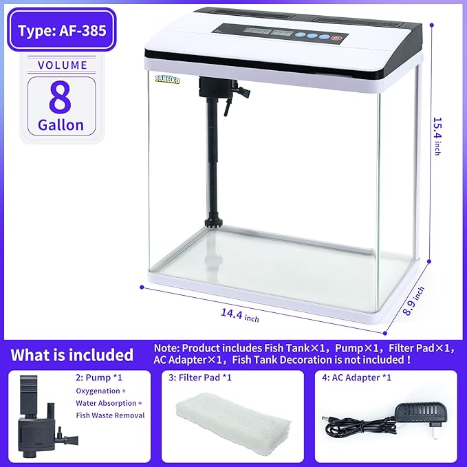 8 Gallon Fish Tank Starter Kit with Eco-Cycle Filtration, 7-Color LED Light & Air Pump. Features 360° Crystal View, Temp/Time Display, Quiet Aquarium Kit for Betta & Freshwater Fish.