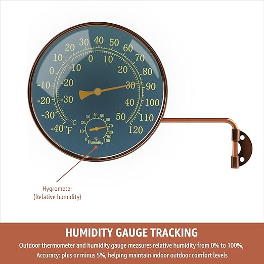 6-Inch Outdoor Thermometer and Humidity Gauge, Window Thermometer for Outside Temperature and Humidity Monitor, Brass Analog Dial, Battery-Free for Patio, Garage, Greenhouse, Garden, Wall