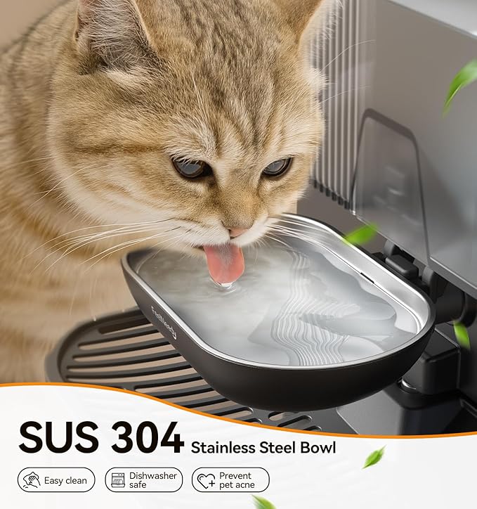 Wireless Cat Water Fountain No Filters, Wastewater Separation, FEELNEEDY Stainless Steel Bowl, 3.5L Pet Water Fountain for Cats & Dogs Dispenser, Black