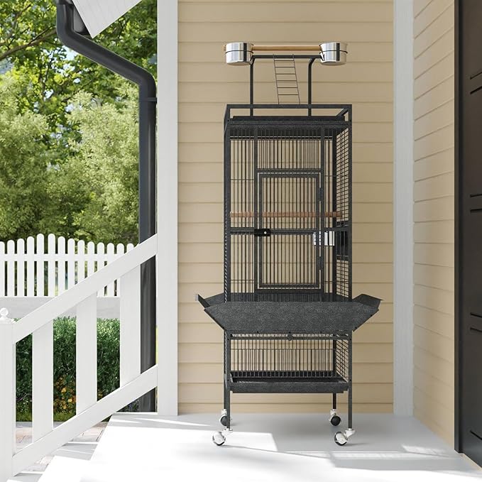 61" Cockatiel Cage, Flight Cage with Rolling Stand, Play Top & Bowls - Metal Large Bird Cages for Parakeets, Conures, Parrots - Exploding Silver
