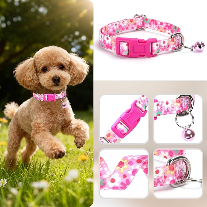 Puppy Collar with Bell，Nylon - Adjustable XXS/XS Tiny Dog & Cat Collar for Small Breeds,Soft Pink Collar with Quick-Release Buckle（Flowers XS）