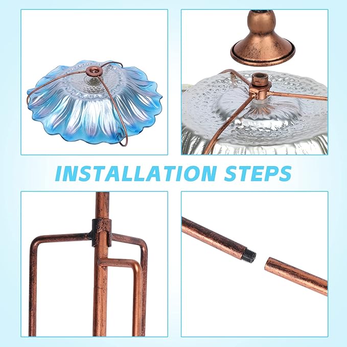 Bird Baths for Outdoors, Glass Birdbaths Outdoor Garden Birdfeeder with Metal Stake Blue (Height:31inch)