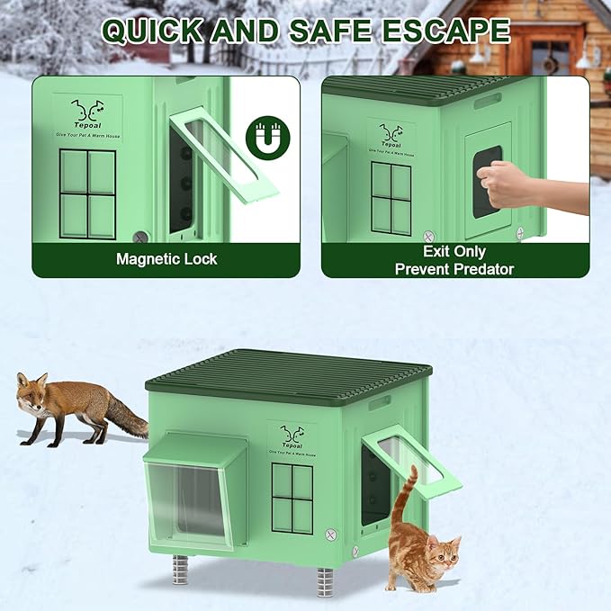 Tepoal Plastic Heated Cat House for Outside Winter, 100% Weatherproof & Insulated Outdoor Feral Cat Shelter with Safety Escape Door, Stackable Cat House with Heater for Barn Cat, Green 17.7"x17"x17.5"