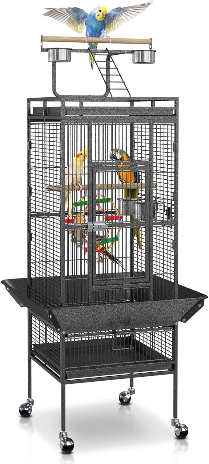 SUPER DEAL PRO 61-inch 2in1 Large Bird Cage with Rolling Stand Playtop Parrot Chinchilla Finch Cage Macaw Conure Cockatiel Cockatoo Pet House Wrought Iron Birdcage, Black