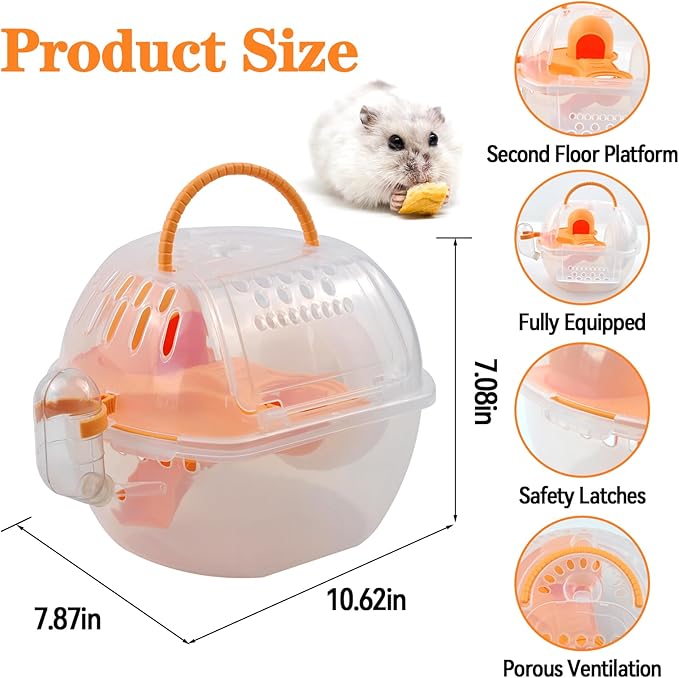 Hamster Transport Carrier,2 Tiers Dwarf Hamster Cage Carrier Breathable Small Animal Travel Carry Case with Silent Exercise Wheels Water Bottle Food Dish for Mice Rat(Orange)