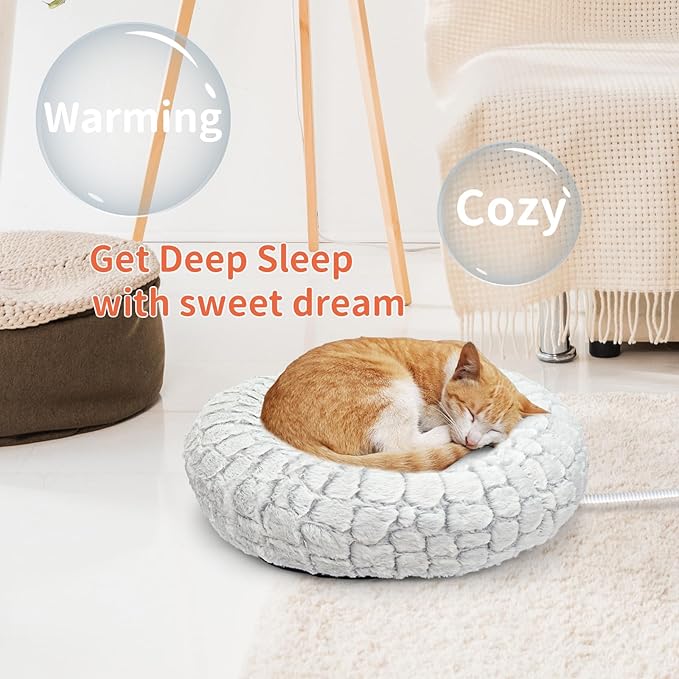 Heated Cat Bed Indoor, Round Heated Pet Bed for Indoor Cats 19" Soft & Cozy Donut Electric Pet Heating Pad for Kitten Cat