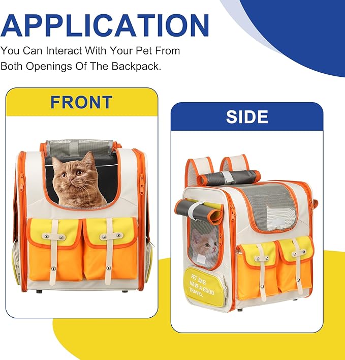 Pet Backpack Carrier, Portable and Ventilated, Oxford Cloth, Dogs Cats and Small Animals Travel Bag 13.39", (Beige, White, Orange, 1 Pcs), Intended for Hiking/Camping/Traveling