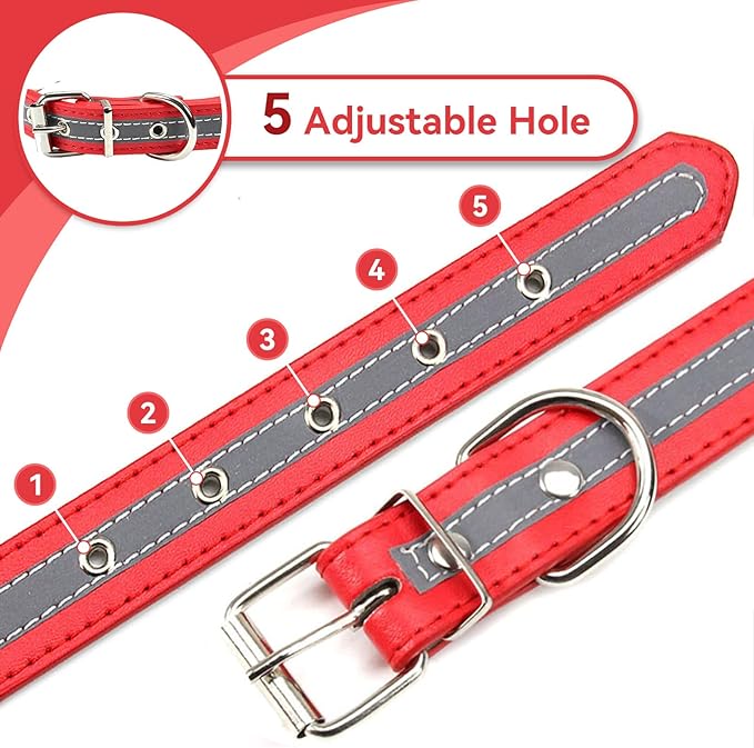 PETCARE Reflective Dog Collar with Cute Paw Rivet Studded Funny Soft PU Leather Adjustable Puppy Dog Collars for Small Medium Large Dogs Cats (Red,Medium)