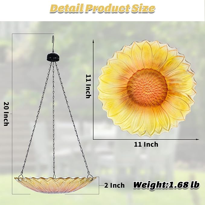 MUMTOP Hanging Bird Bath Outdoor, Sunflower Glass BirdBaths & Birdfeeder with Water Ripple Rim 11 Inch for Garden Yard Patio Decor