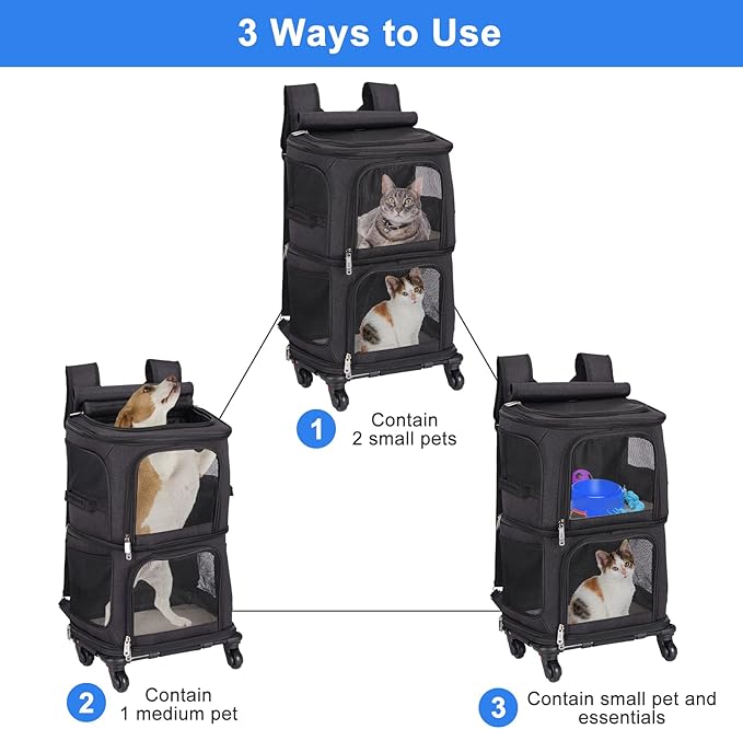 Double Pet Carrier Backpack with Wheels for Small Cats and Dogs, Rolling Cat Travel Carrier, Super Ventilated Design, Ideal for Traveling/Hiking/Camping, Black
