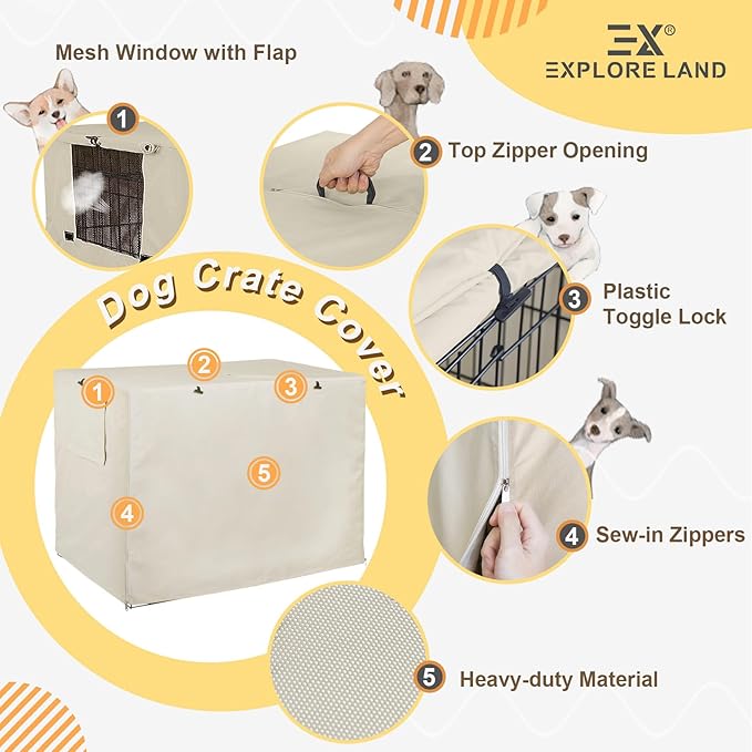 Explore Land 42 inches Dog Crate Cover Heavy Duty Polyester Pet Kennel Sunshade Universal Fit for Wire Cage (Light Tan)