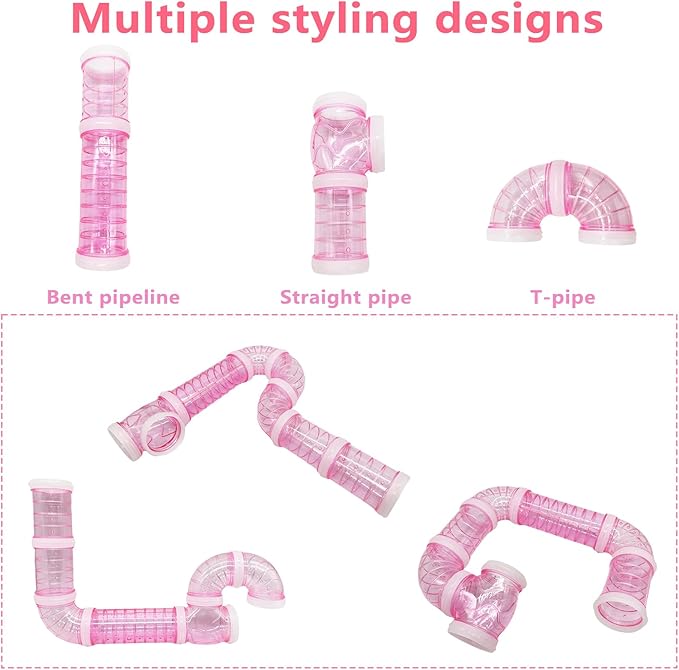 8PCS Hamster Tunnel Tube DIY Assorted Toy Transparent Adventure Pipe Playground Excercise Set for Mouse Syrian Hamster Gerbil (Pink)