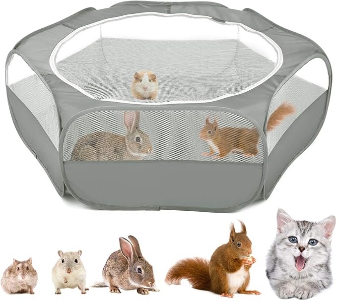 Small Animals Playpen, Waterproof Breathable Indoor Pet Cage Tent with Zipper Cover, Portable Outdoor Exercise Yard Fence for Kitten Hamster Bunny Squirrel Guinea Pig Hedgehog, Gray