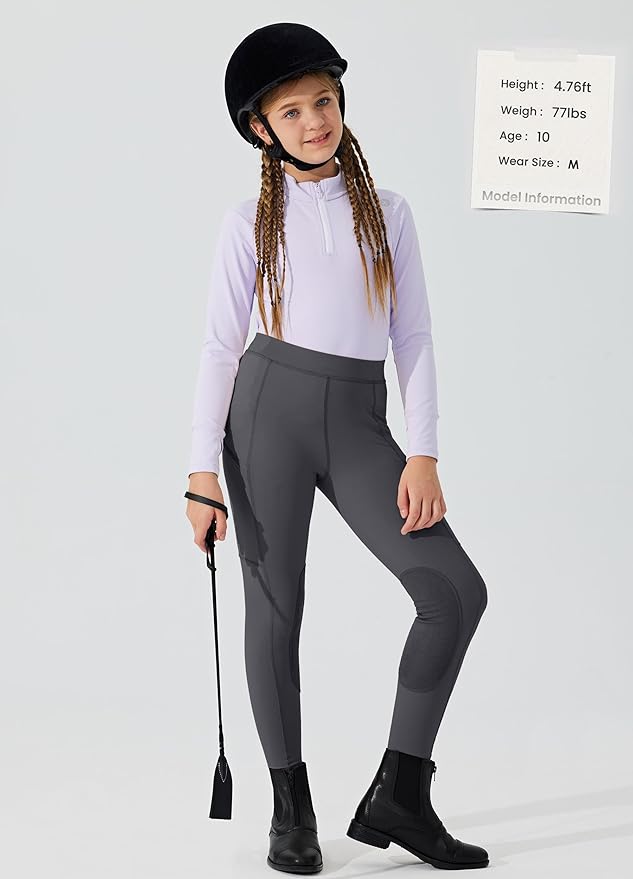 Willit Girls Horse Riding Pants Tights Kids Equestrian Breeches Knee-Patch Youth Schooling Tights Zipper Pockets