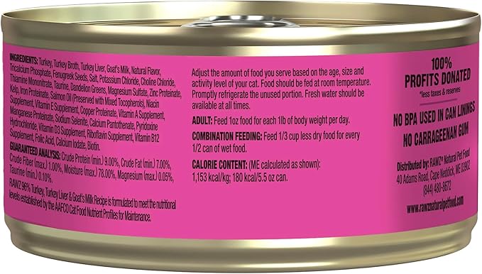 Rawz Natural Premium Pate Canned Cat Wet Food - Made with Real Meat Ingredients No BPA or Gums - 5.5oz Cans 24 Count (Turkey & Turkey Liver with Goats Milk)