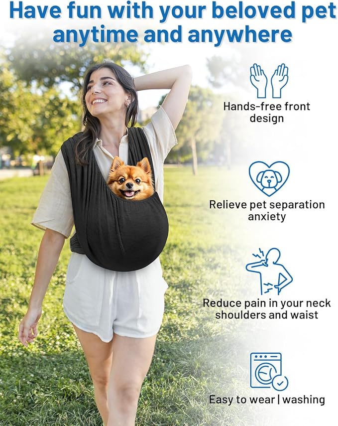 Dog Sling Carrier for Small Dogs, Front Pet Sling Carrier Chest, Adjustable Reducing Back Stress Cat Sling for Small Pet up to 20lbs, Hands Free Puppy Sling for Travel or Everyday Use (Black)