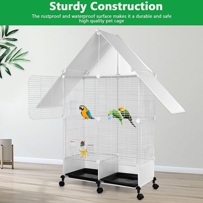 House Shape Bird Cage with Rolling Stand - Large 2 Tier Iron Bird Cage with Lock, Spacious Flight Habitat for Parakeets & Cockatiels, Easy Mobility Safe Home for Small Birds