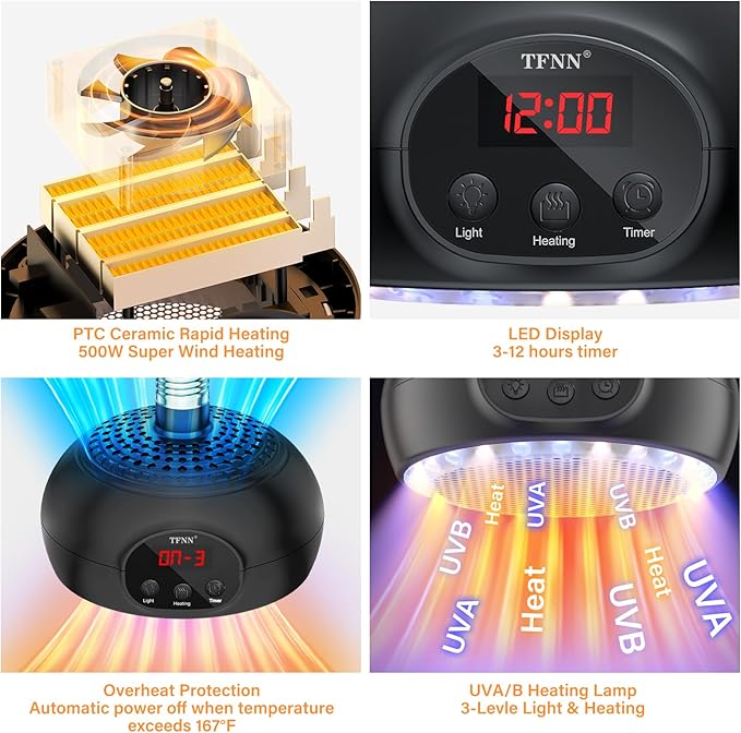 Chicken Coop Heater Lamps,200W-350W-500W Reptile Heating Lamp Upgraded with UVA UVB Ligh 3-6-9-12H Timer,Protable Greenhouse Heater for Outdoor Chicken Coop for Reptile Rabbits Dog Cats (Black)