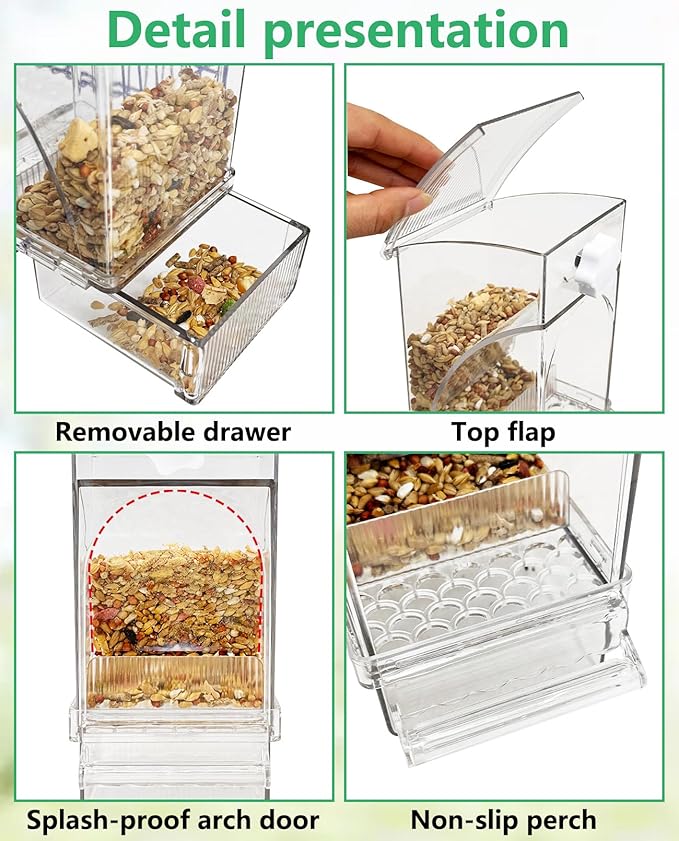 Hamiledyi No Mess Bird Feeder Automatic Transparent Acrylic Parrot Seed Food Container with Perch Bird Cage Accessories for Parakeet Finch Lovebirds Budgies Canary