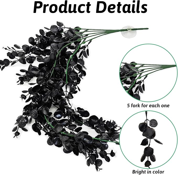 Hamiledyi Reptile Plants, 2 Pack Hanging Terrarium Plants, Artificial Leaves Habitat Decorations with Suction Cup, Fake Amphibian Plants for Bearded Dragon Lizard Hermit Crab Geckos Chameleon(Black)