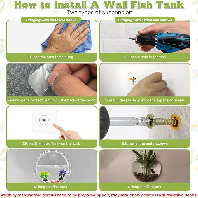 kathson Wall Fish Bowl Acrylic Hanging Aquarium Wall Mounted Bubble Betta Fish Tank Bowl Decor Plant (7.28in)