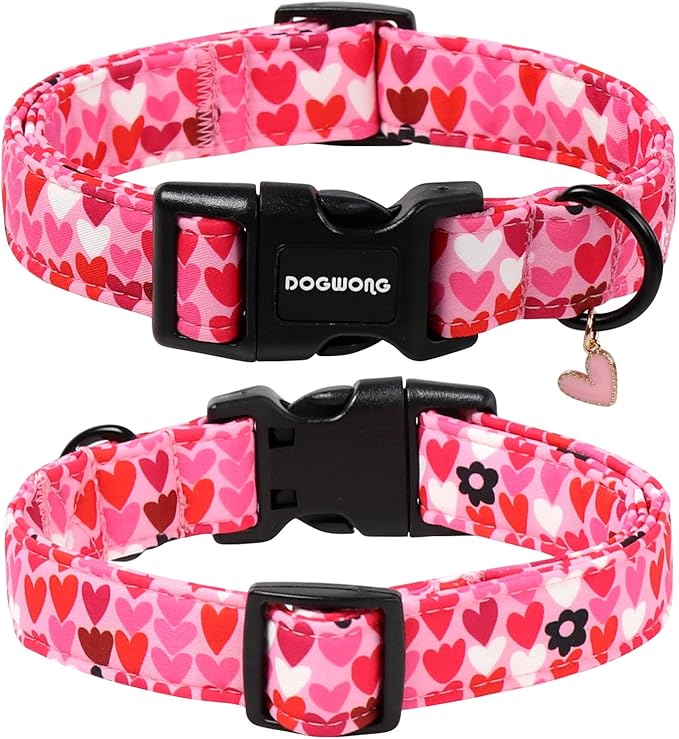 DOGWONG Valentine Dog Collar, Pink Heart Dog Collar, Girl Female Dog Collars with Strong Plastic Buckle for Small Medium Dogs,S