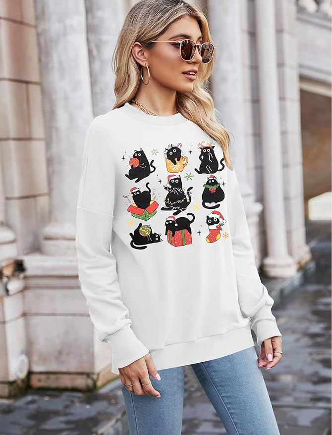 FRYAID Cat Sweatshirt Women Funny Black Cat Graphic Sweater Casual Cat Crewneck Holiday Long Sleeve Hoodie Pullover Top