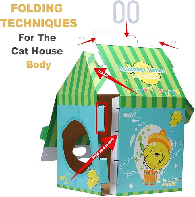 Cardboard Cat House with Scratcher - Blue Lemon Carton Milk Box -13''L x 13''W x 22.5''H for Cats up to 16 Lbs - Portable Handle for Easy Transportation - Indoor Cat Playhouse & Hideaway