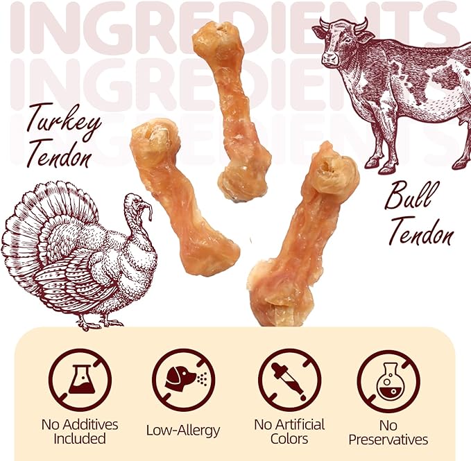 TailParty Turkey Tendons for Dogs, 4.23 oz, Small Dog Training Treats, Natural Long-Lasting Chew Snacks, High-Protein Beef Tendons, Healthy Hypoallergenic Puppy Bone