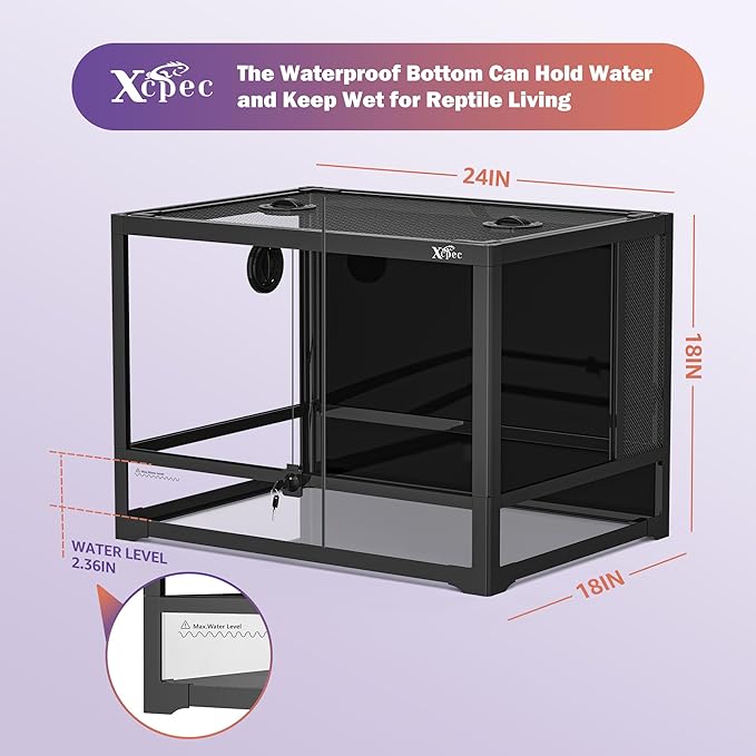 33 Gallon Reptile Glass Terrarium, Front Opening Vivarium with Screen Ventilation, Easy Setup Tarantula Enclosure for Bearded Dragon, Gecko, Lizard, 24x18x18in Waterproof Base Knock Down