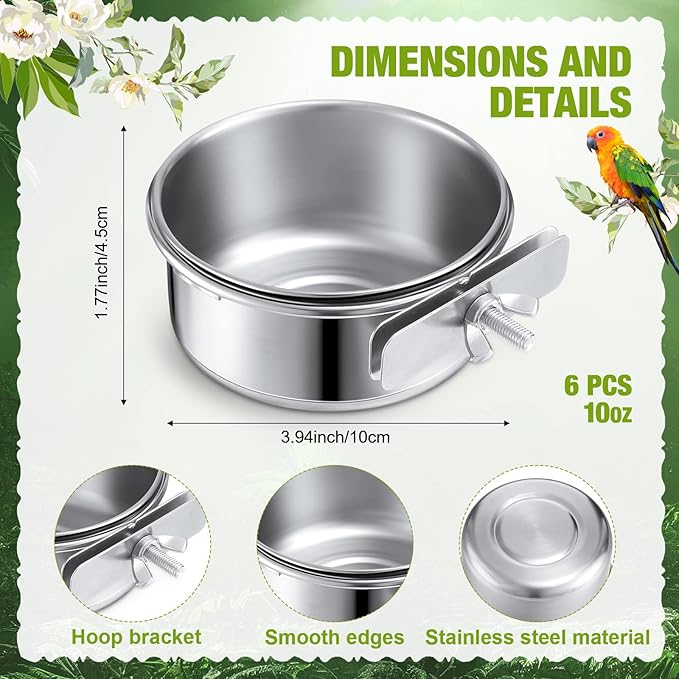 Sabary 6 Pcs Bird Feeding Dish Cups Stainless Steel Bird Bowls for Cage Parrot Food Bowl 10 Oz Birds Water Bowl for Parakeet Conure Cockatiels Lovebird Budgie Chinchilla African Greys Small Animal