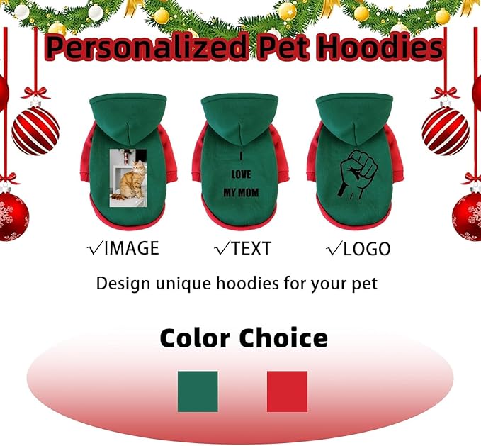 Custom Dog Hoodie, Personalized Sweatshirt with Photo Text Name Logo, Customized Hooded Sweater for Small Medium Large Dogs & Cats (Green + Red Border, XXX-Large)