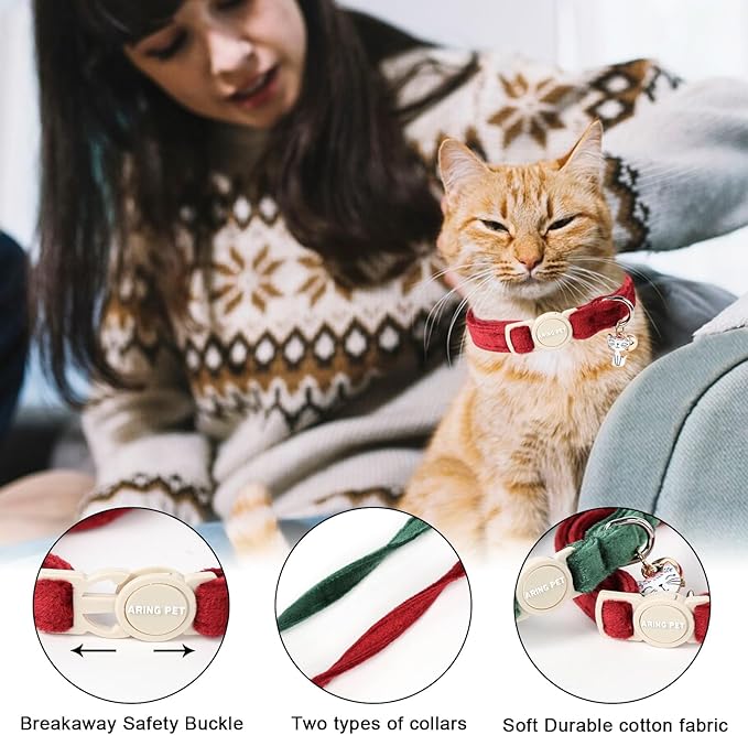 ARING PET 2 Pack Cat Collars-Cute Breakaway Cat Collar with Bell & Pendant, Adjustable Christmas Kitten Collars with Safety Buckle for Girl and Boy Cats