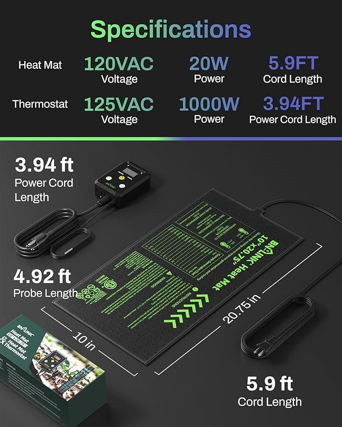 BN-LINK Seedling Heat Mat with Thermostat Controller Combo Set, 10" x 20.75" Plant Heating Mat for Seed Starting with Temperature Control for Indoor Growing, Plants Germination