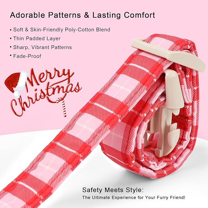 Plaid Dog Collar - Cute Red and Pink Plaid Puppy Collar with Safety Buckle, Soft Adjustable Holiday Dog Collars for Small Medium Large Dogs XL