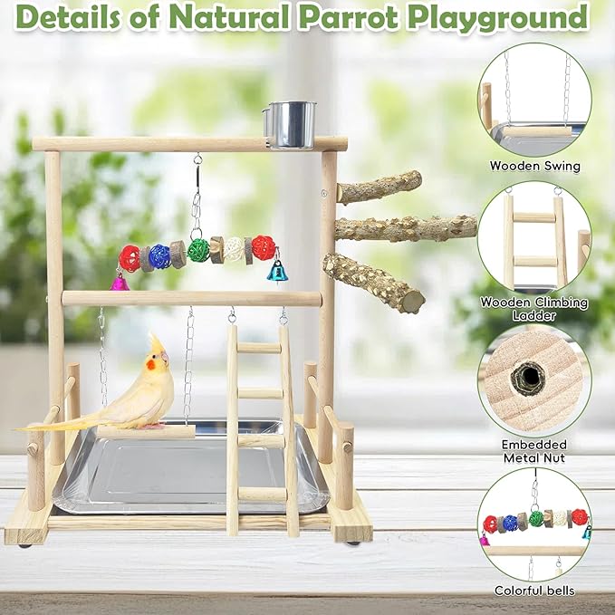 kathson Bird Playground Natural Wood Parrot Play Gym Playstand Wooden Parakeet Playpen with Feeder Cups Perches Removable Tray Bird Cage Accessories for Lovebirds Conure Cockatiel Budgie