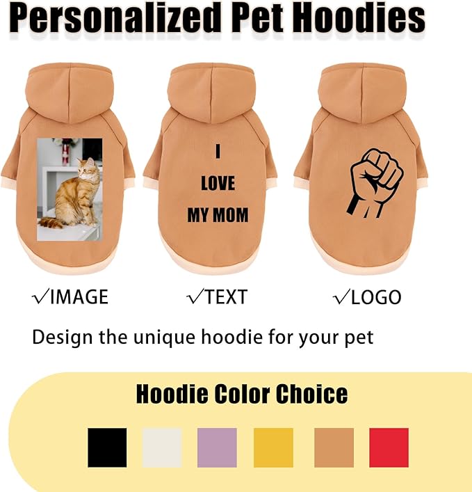 Custom Dog Hoodie, Personalized Sweatshirt with Photo Text Name Logo, Customized Hooded Sweater for Small Medium Large Dogs & Cats (Brown, X-Small)