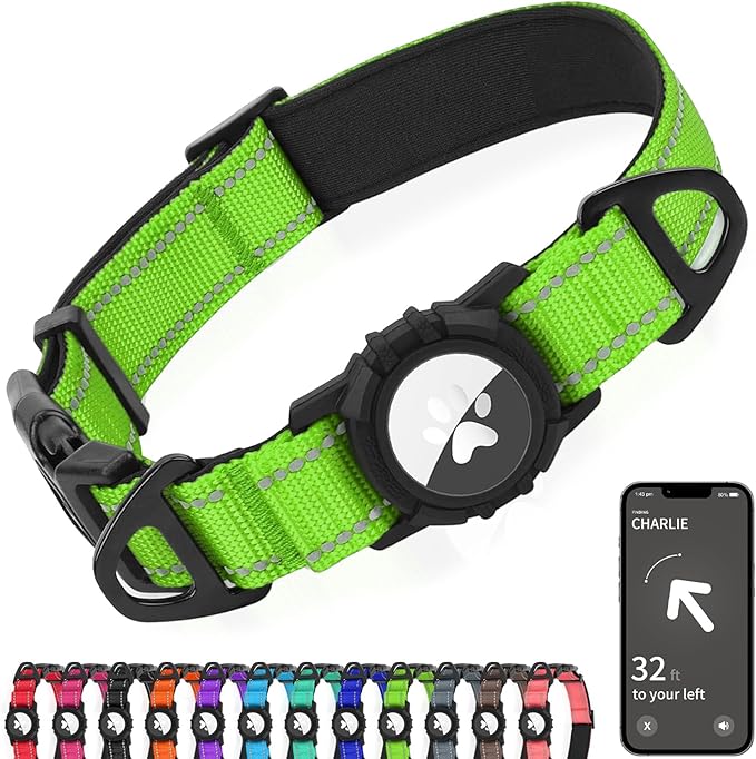 Joytale Airtag Dog Collar, Reflective Pet Collar with Waterproof AirTag Holder, Dual D-Rings, Soft Padded Adjustable for Small Dogs, Green, S